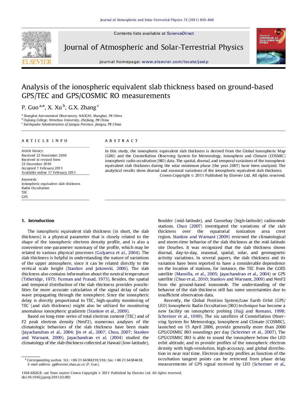 Analysis of the ionospheric equivalent slab thickness based on ground-based GPS/TEC and GPS/COSMIC RO measurements