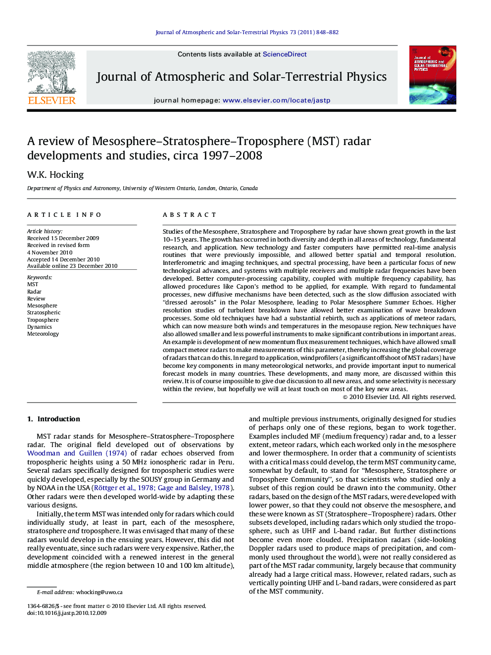 A review of Mesosphere–Stratosphere–Troposphere (MST) radar developments and studies, circa 1997–2008