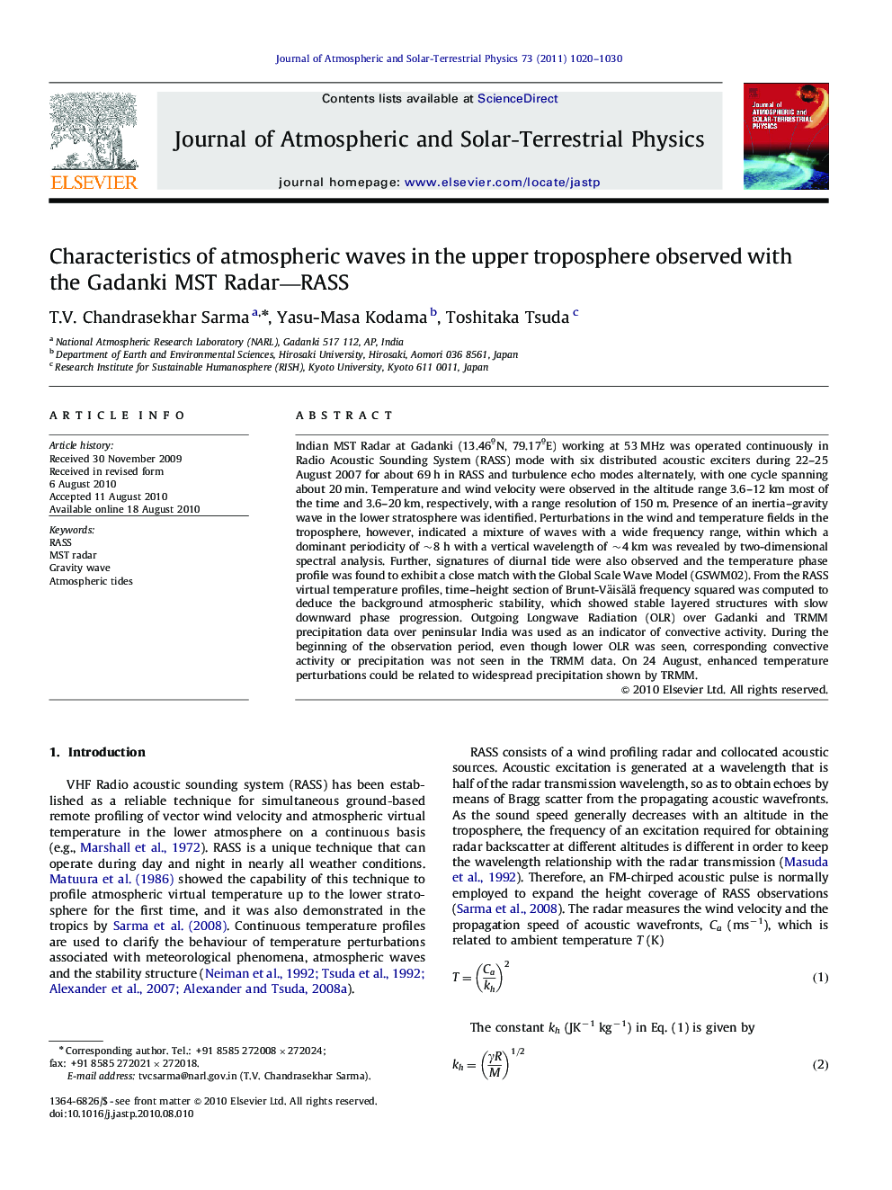 Characteristics of atmospheric waves in the upper troposphere observed with the Gadanki MST Radar—RASS