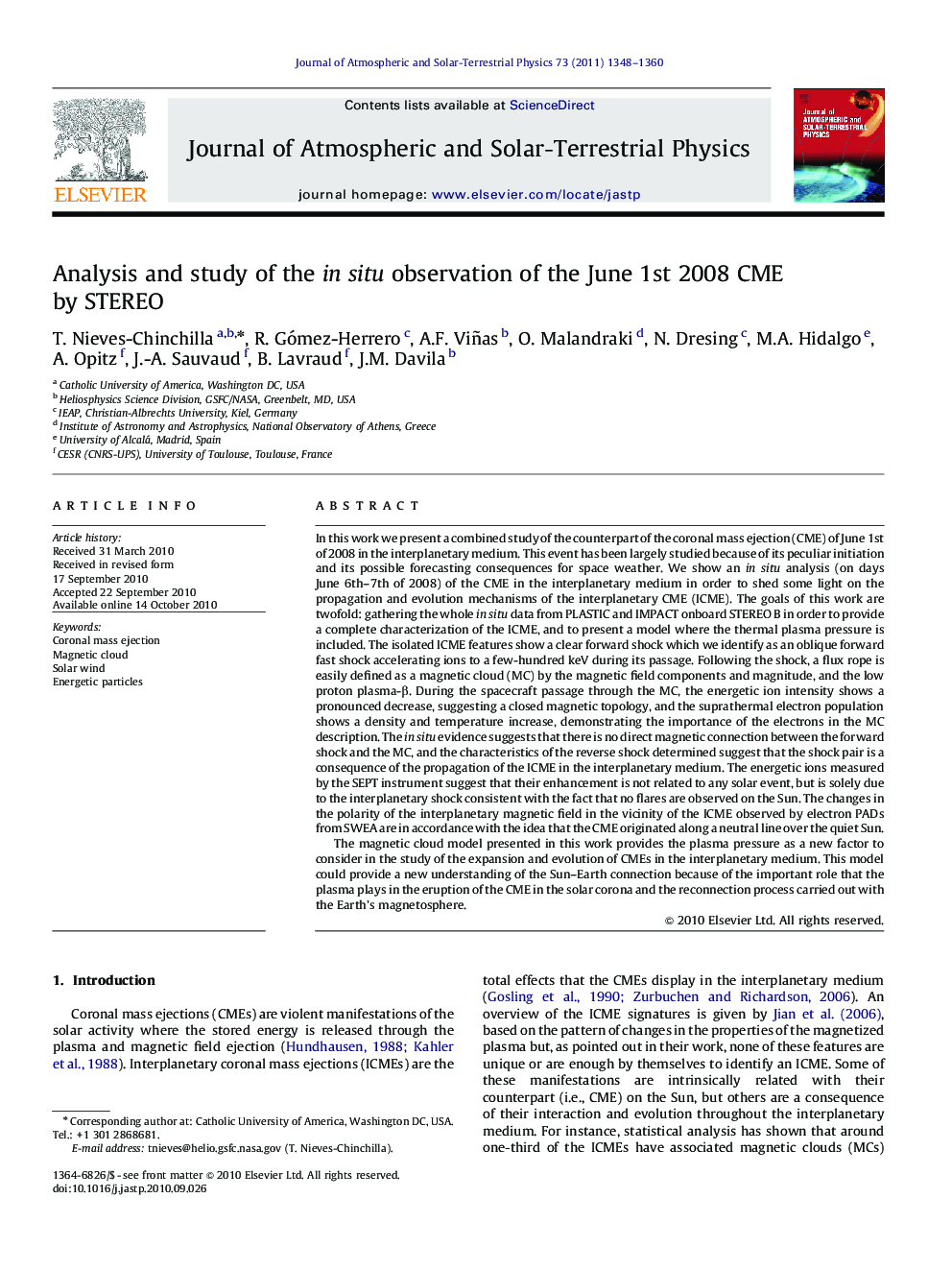 Analysis and study of the in situ observation of the June 1st 2008 CME by STEREO