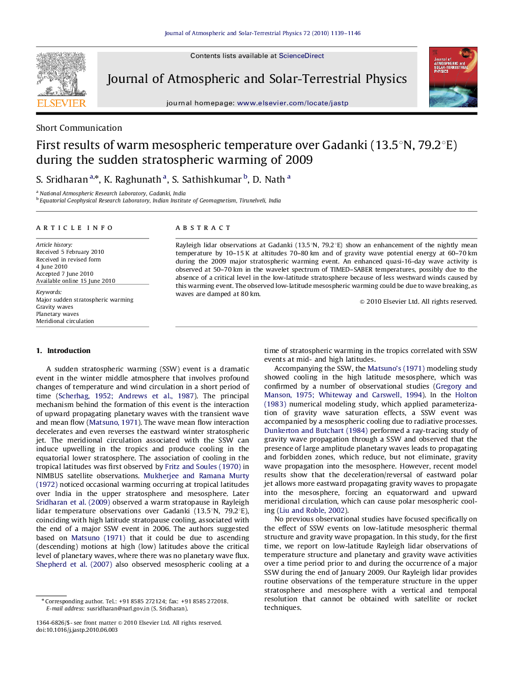 First results of warm mesospheric temperature over Gadanki (13.5°N, 79.2°E) during the sudden stratospheric warming of 2009