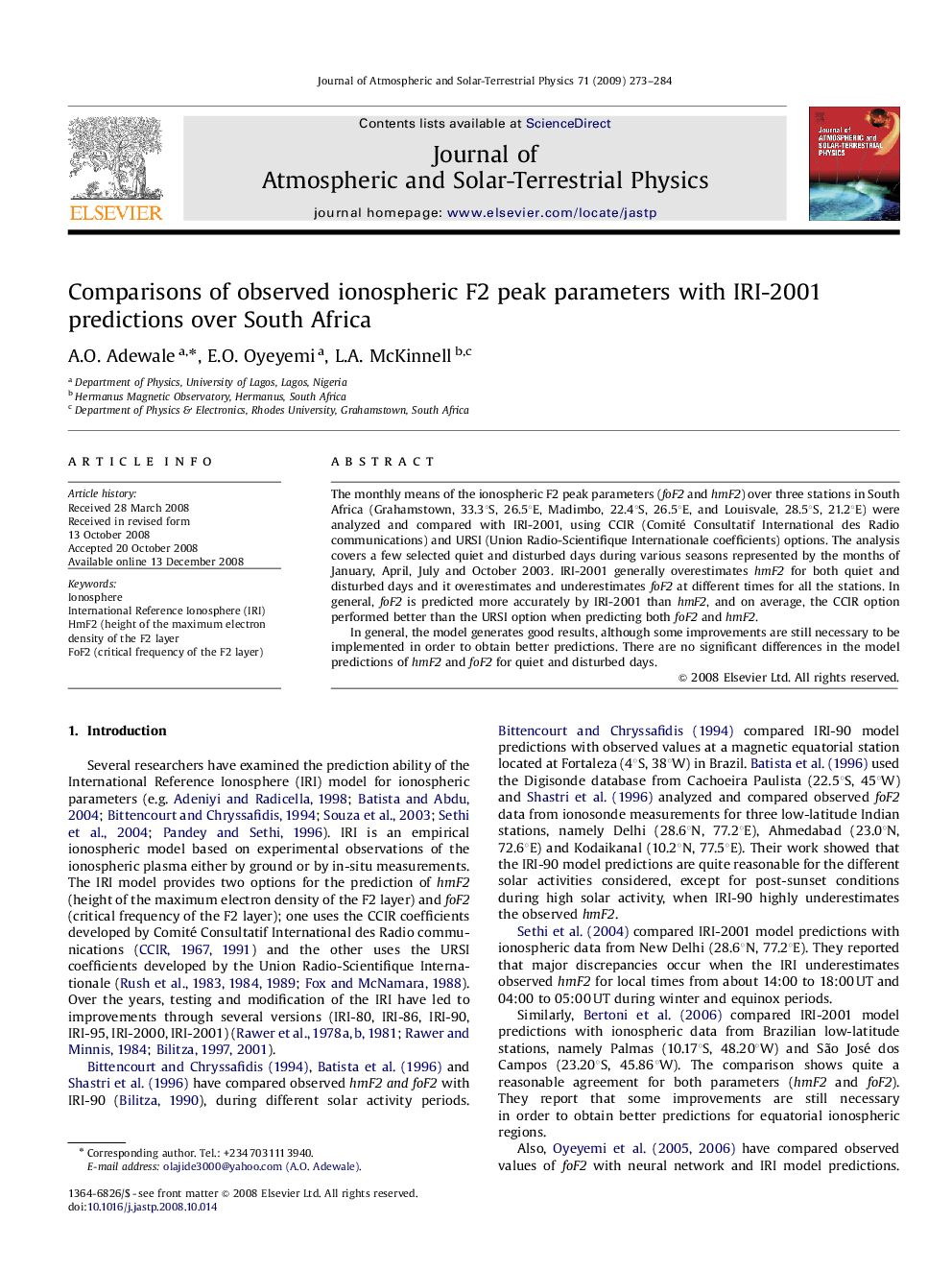 Comparisons of observed ionospheric F2 peak parameters with IRI-2001 predictions over South Africa