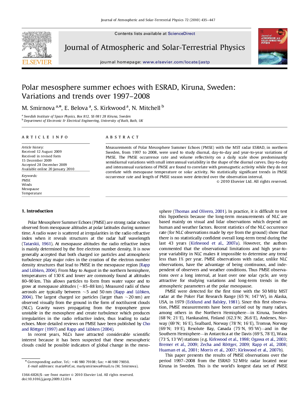 Polar mesosphere summer echoes with ESRAD, Kiruna, Sweden: Variations and trends over 1997-2008