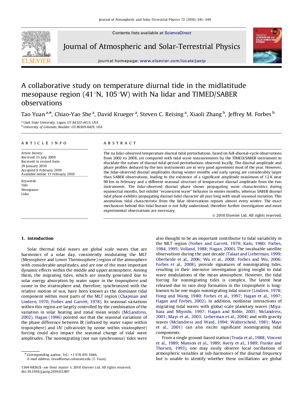 A collaborative study on temperature diurnal tide in the midlatitude mesopause region (41°N, 105°W) with Na lidar and TIMED/SABER observations