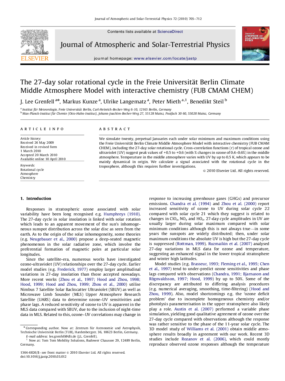 The 27-day solar rotational cycle in the Freie Universität Berlin Climate Middle Atmosphere Model with interactive chemistry (FUB CMAM CHEM)