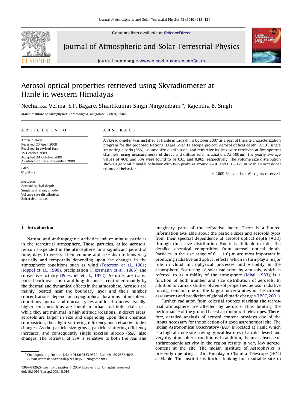 Aerosol optical properties retrieved using Skyradiometer at Hanle in western Himalayas