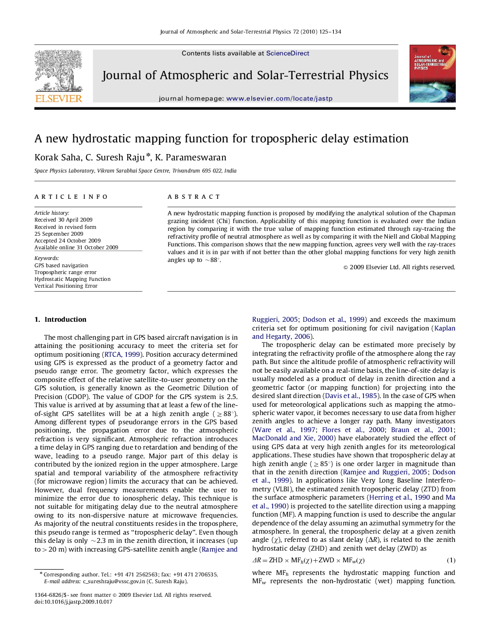 A new hydrostatic mapping function for tropospheric delay estimation