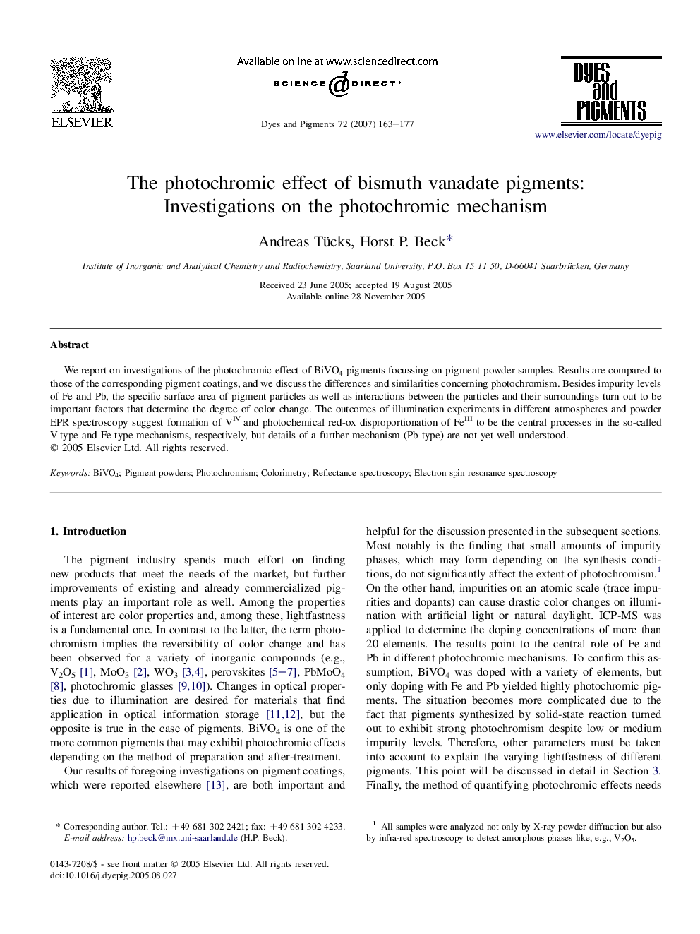 The photochromic effect of bismuth vanadate pigments: Investigations on the photochromic mechanism