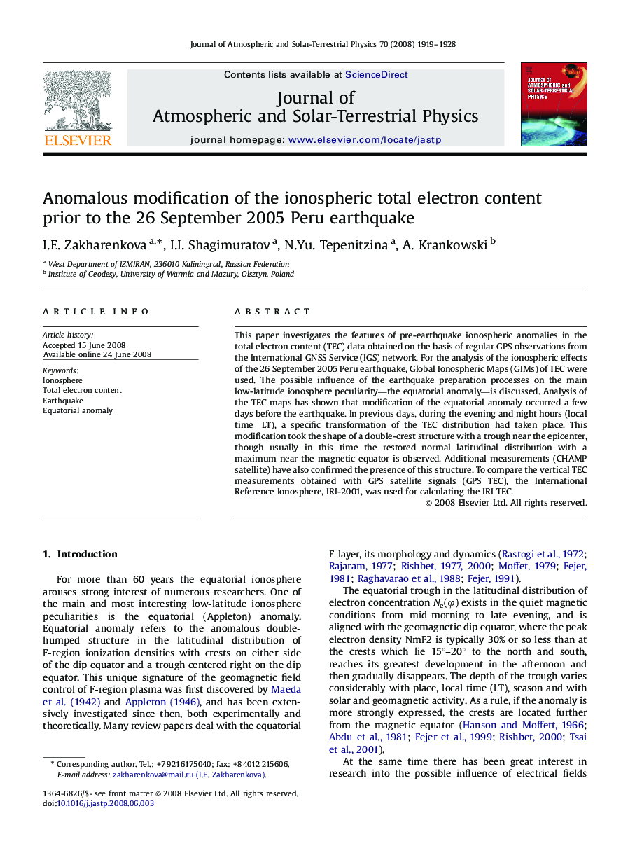 Anomalous modification of the ionospheric total electron content prior to the 26 September 2005 Peru earthquake