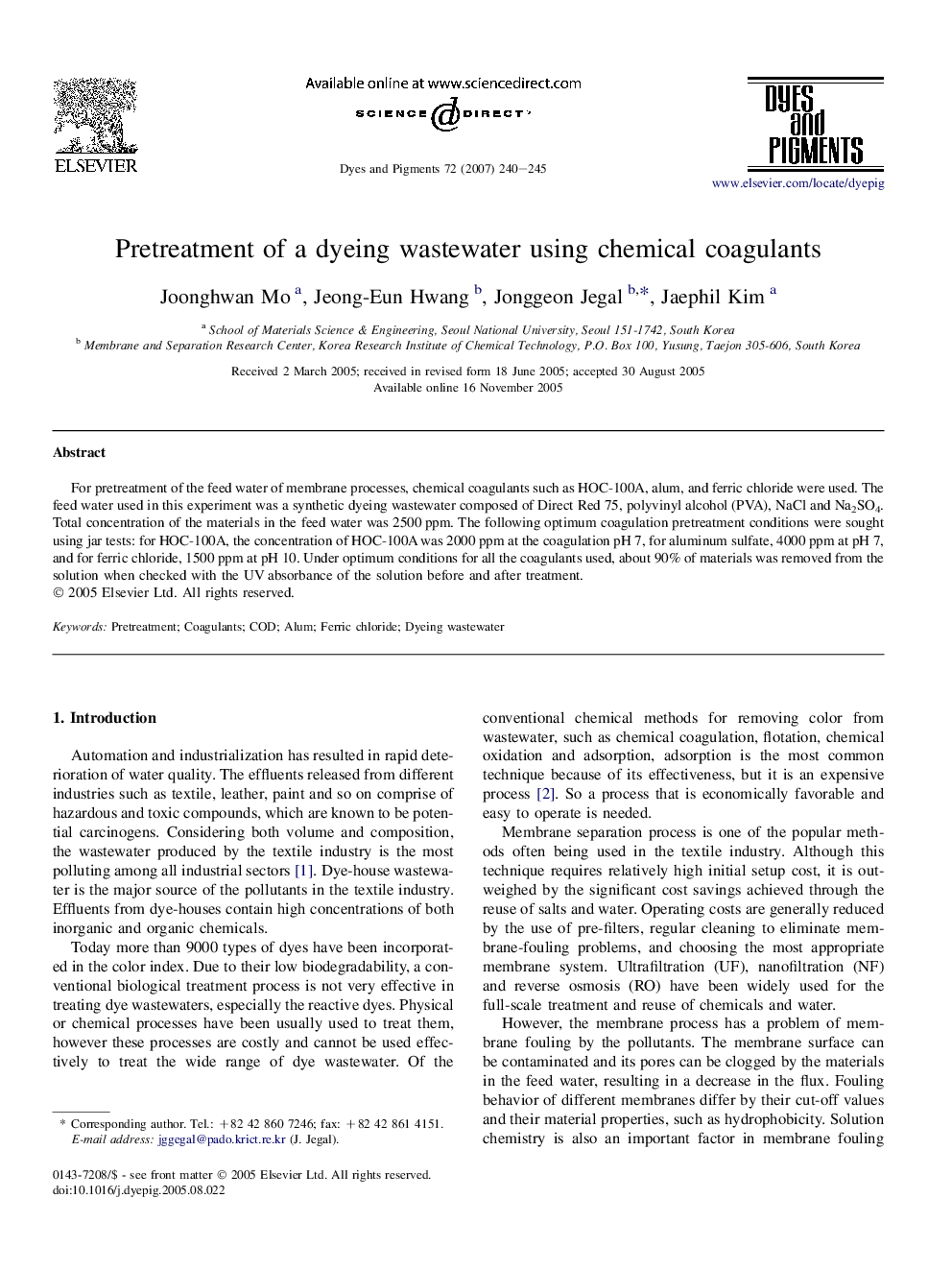 Pretreatment of a dyeing wastewater using chemical coagulants