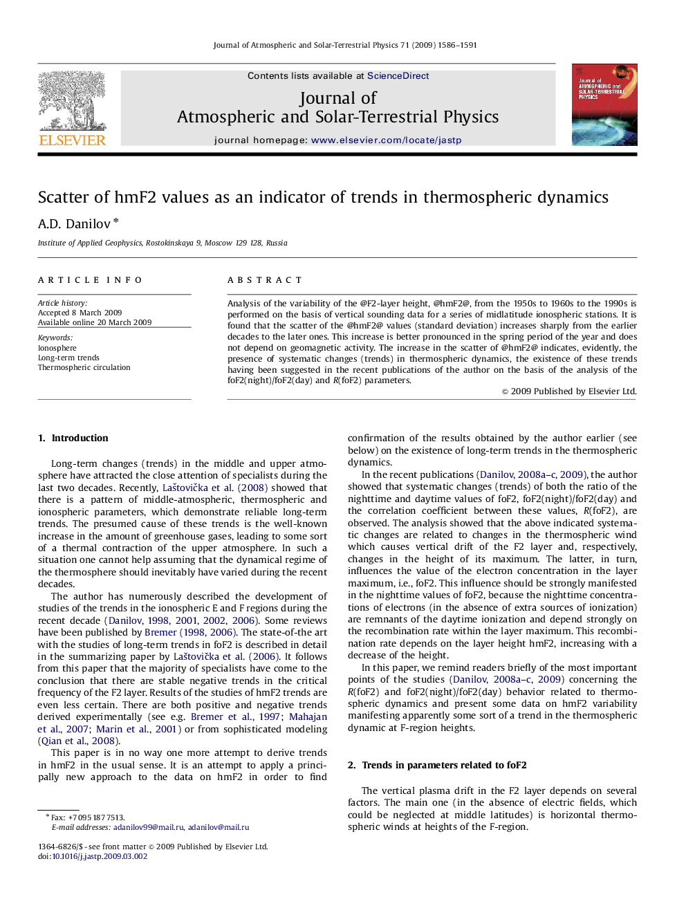 Scatter of hmF2 values as an indicator of trends in thermospheric dynamics