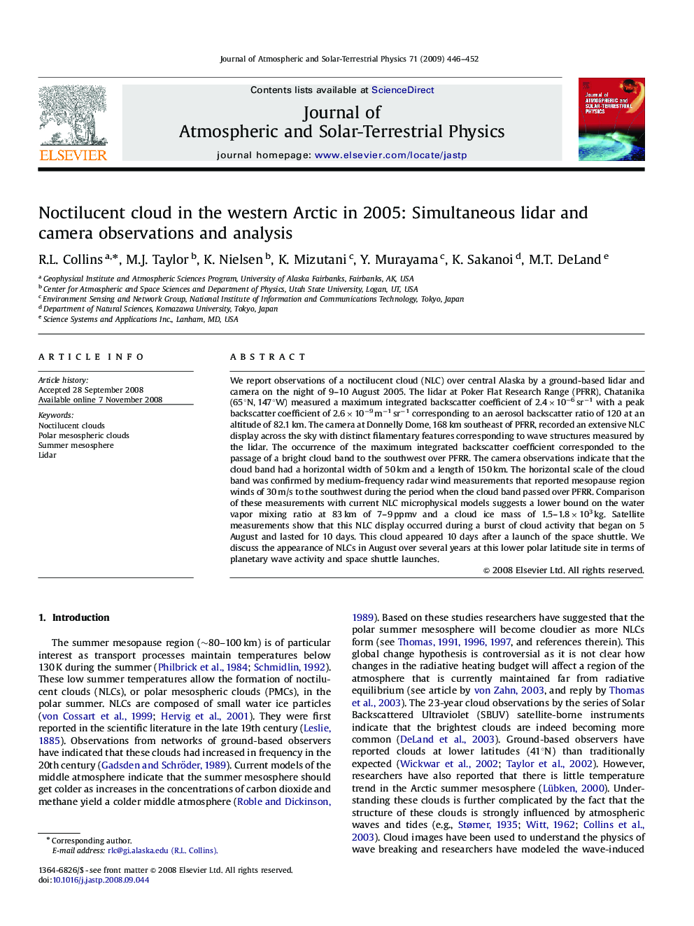 Noctilucent cloud in the western Arctic in 2005: Simultaneous lidar and camera observations and analysis