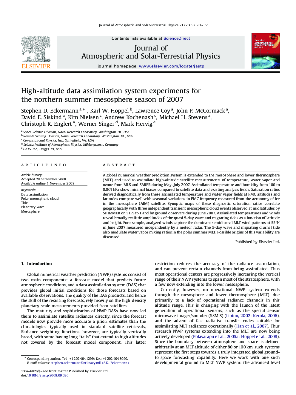 High-altitude data assimilation system experiments for the northern summer mesosphere season of 2007