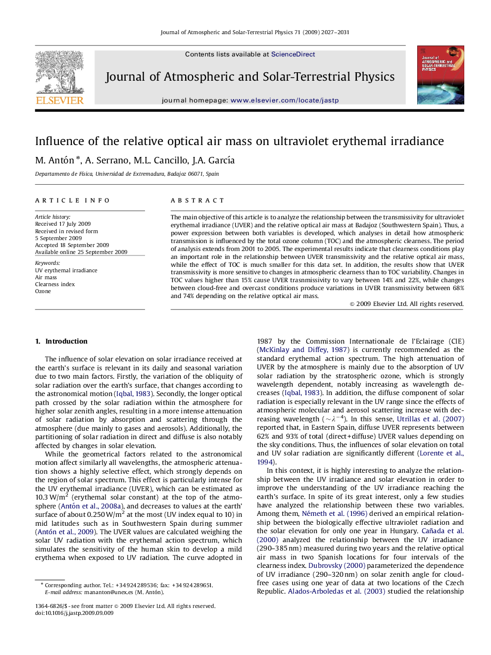 Influence of the relative optical air mass on ultraviolet erythemal irradiance