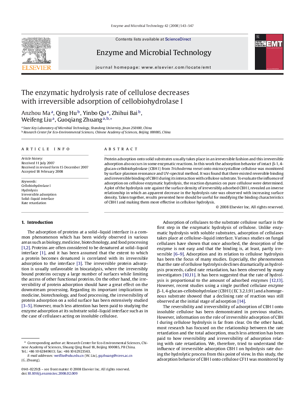 The enzymatic hydrolysis rate of cellulose decreases with irreversible adsorption of cellobiohydrolase I