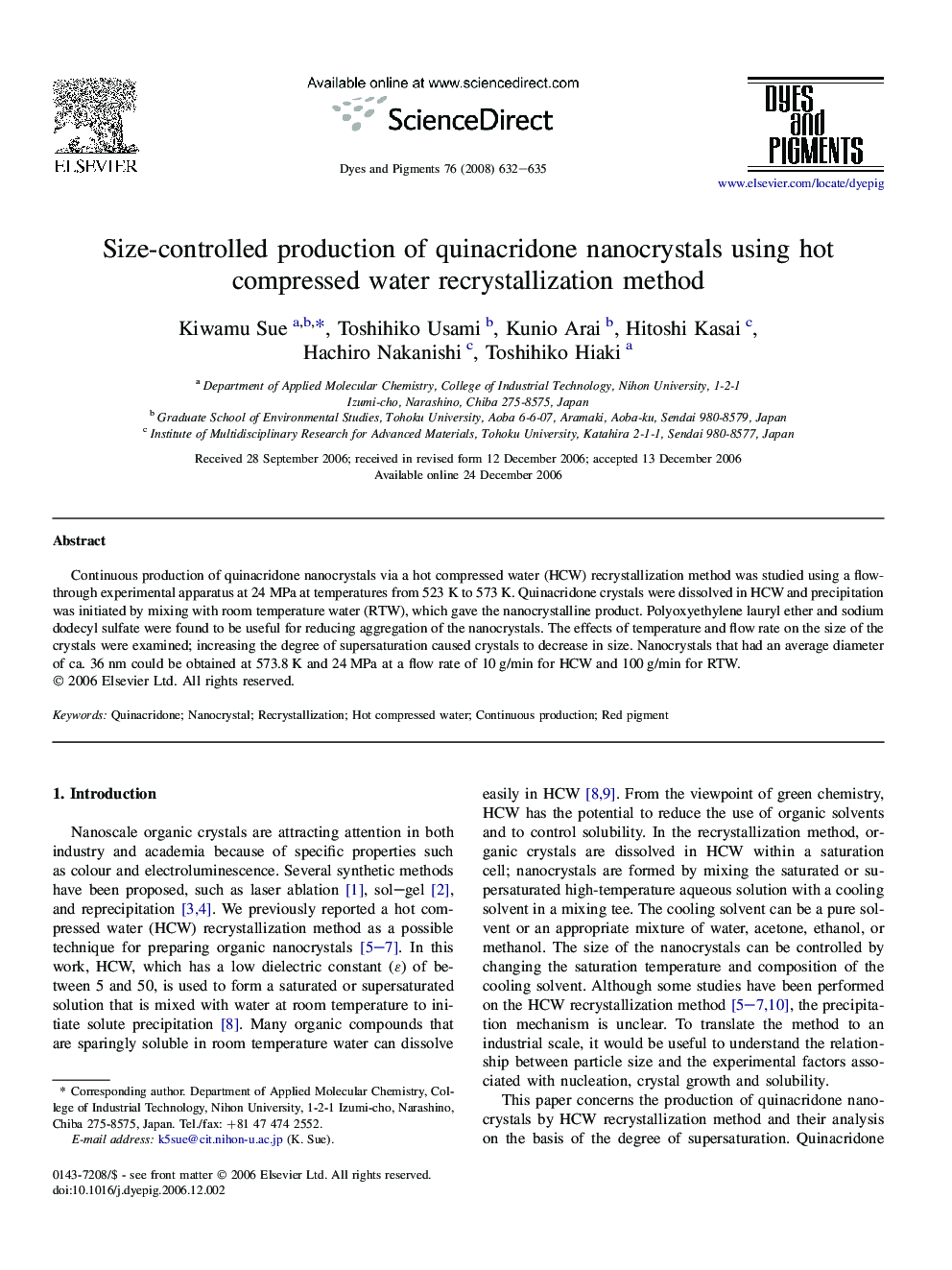 Size-controlled production of quinacridone nanocrystals using hot compressed water recrystallization method