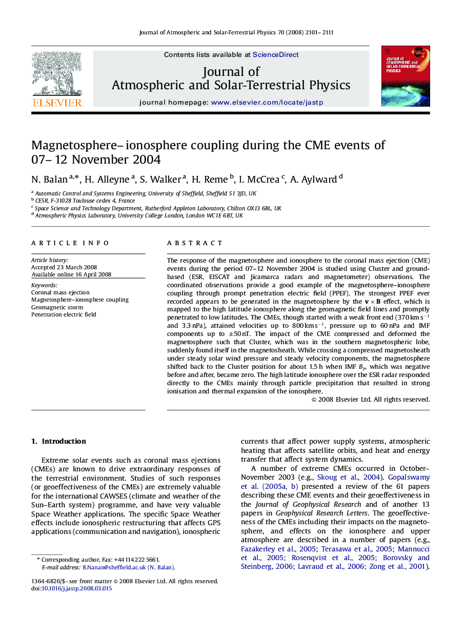 Magnetosphere–ionosphere coupling during the CME events of 07–12 November 2004