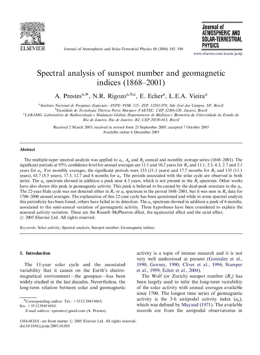 Spectral analysis of sunspot number and geomagnetic indices (1868–2001)