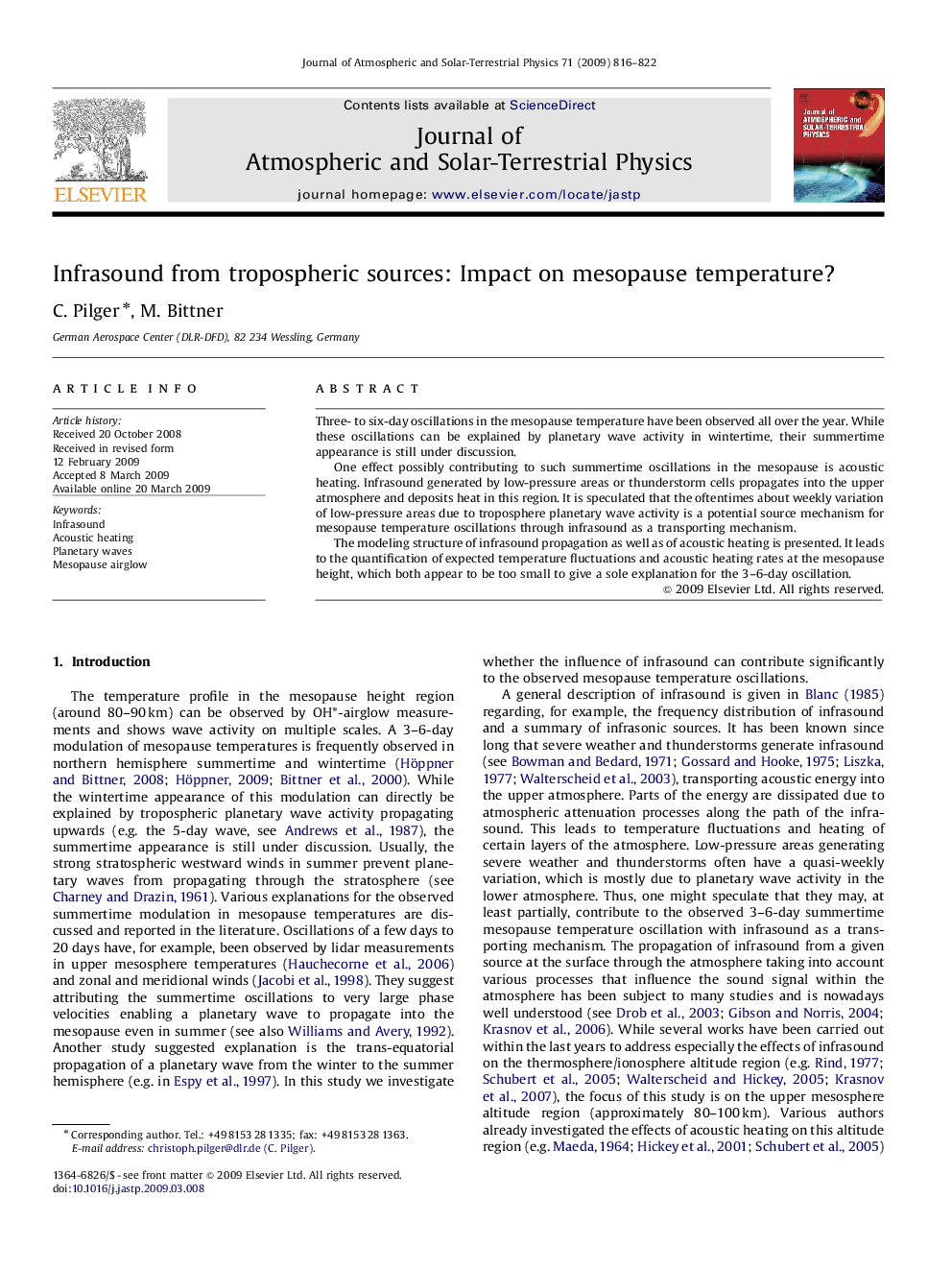 عکس صفحه اول مقاله: Infrasound from tropospheric sources: Impact on mesopause temperature? Infrasound from tropospheric sources: Impact on mesopause temperature?