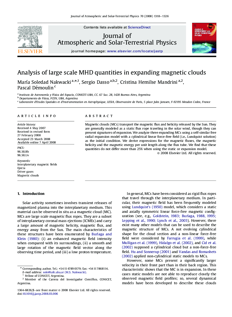Analysis of large scale MHD quantities in expanding magnetic clouds