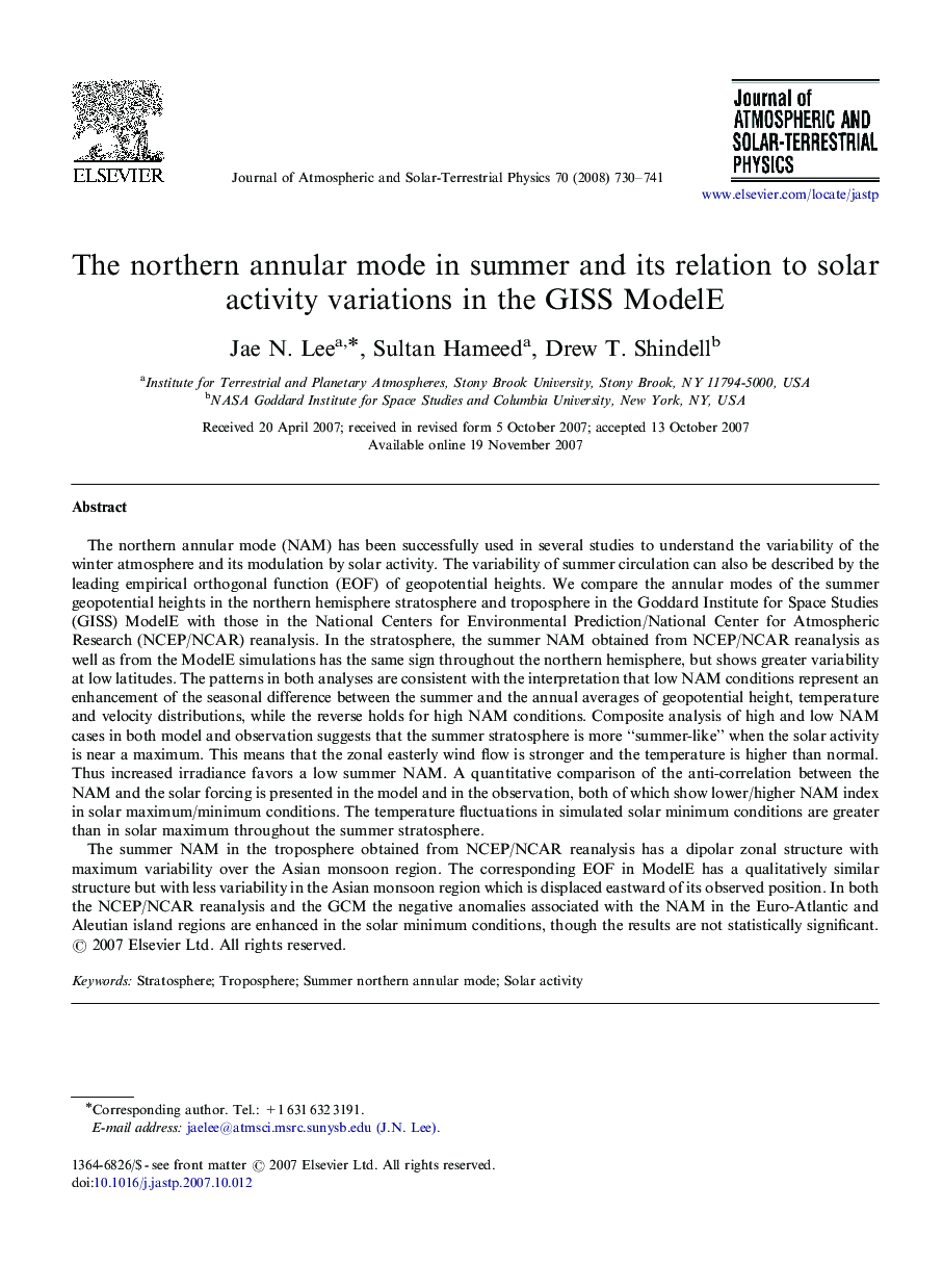 The northern annular mode in summer and its relation to solar activity variations in the GISS ModelE