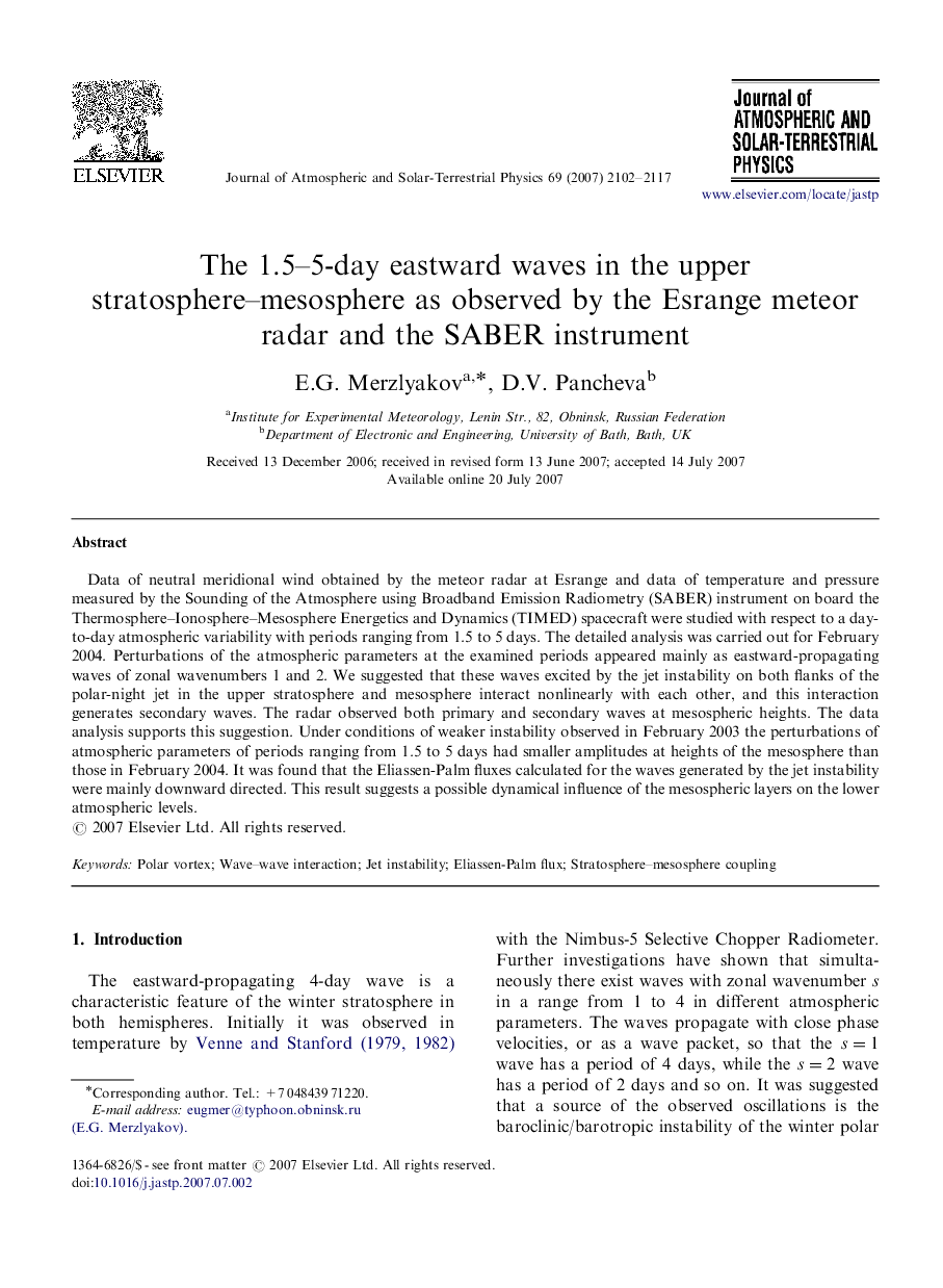 The 1.5–5-day eastward waves in the upper stratosphere–mesosphere as observed by the Esrange meteor radar and the SABER instrument