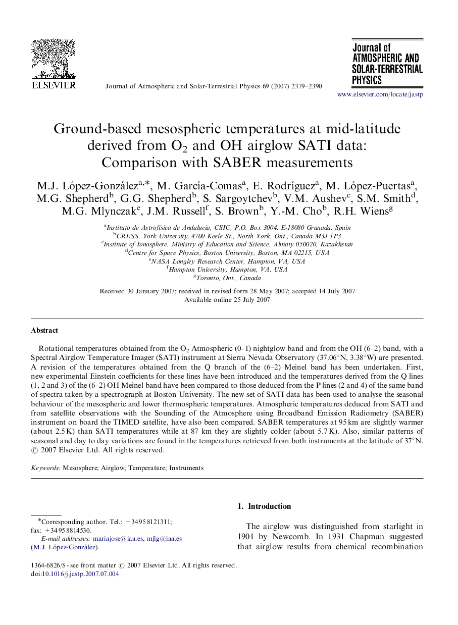 Ground-based mesospheric temperatures at mid-latitude derived from O2 and OH airglow SATI data: Comparison with SABER measurements