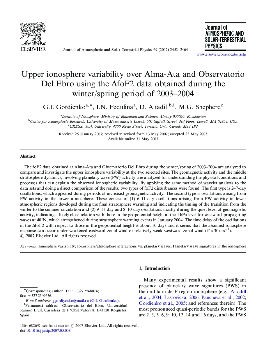 Upper ionosphere variability over Alma-Ata and Observatorio Del Ebro using the ÎfoF2 data obtained during the winter/spring period of 2003-2004