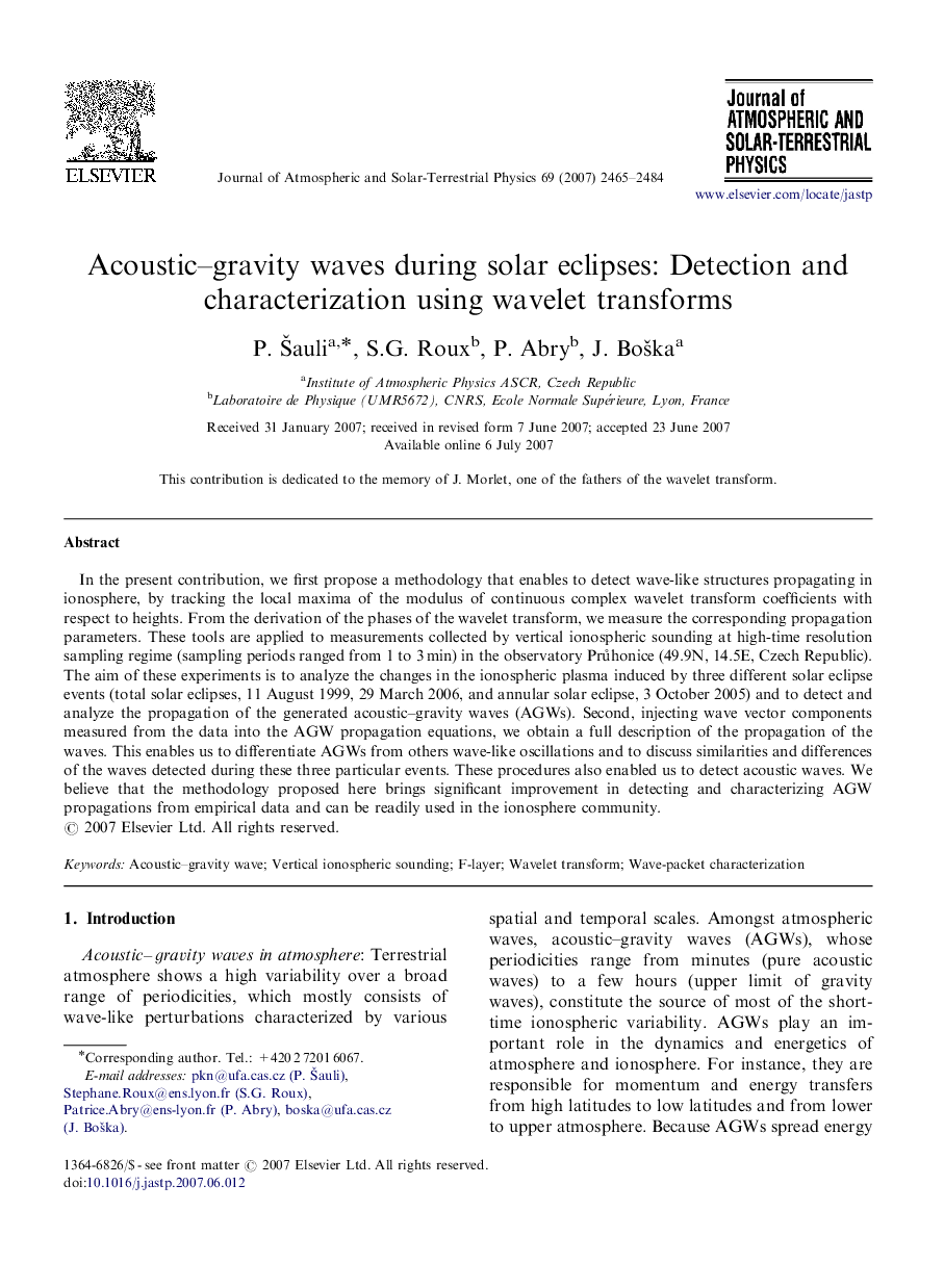 Acoustic–gravity waves during solar eclipses: Detection and characterization using wavelet transforms