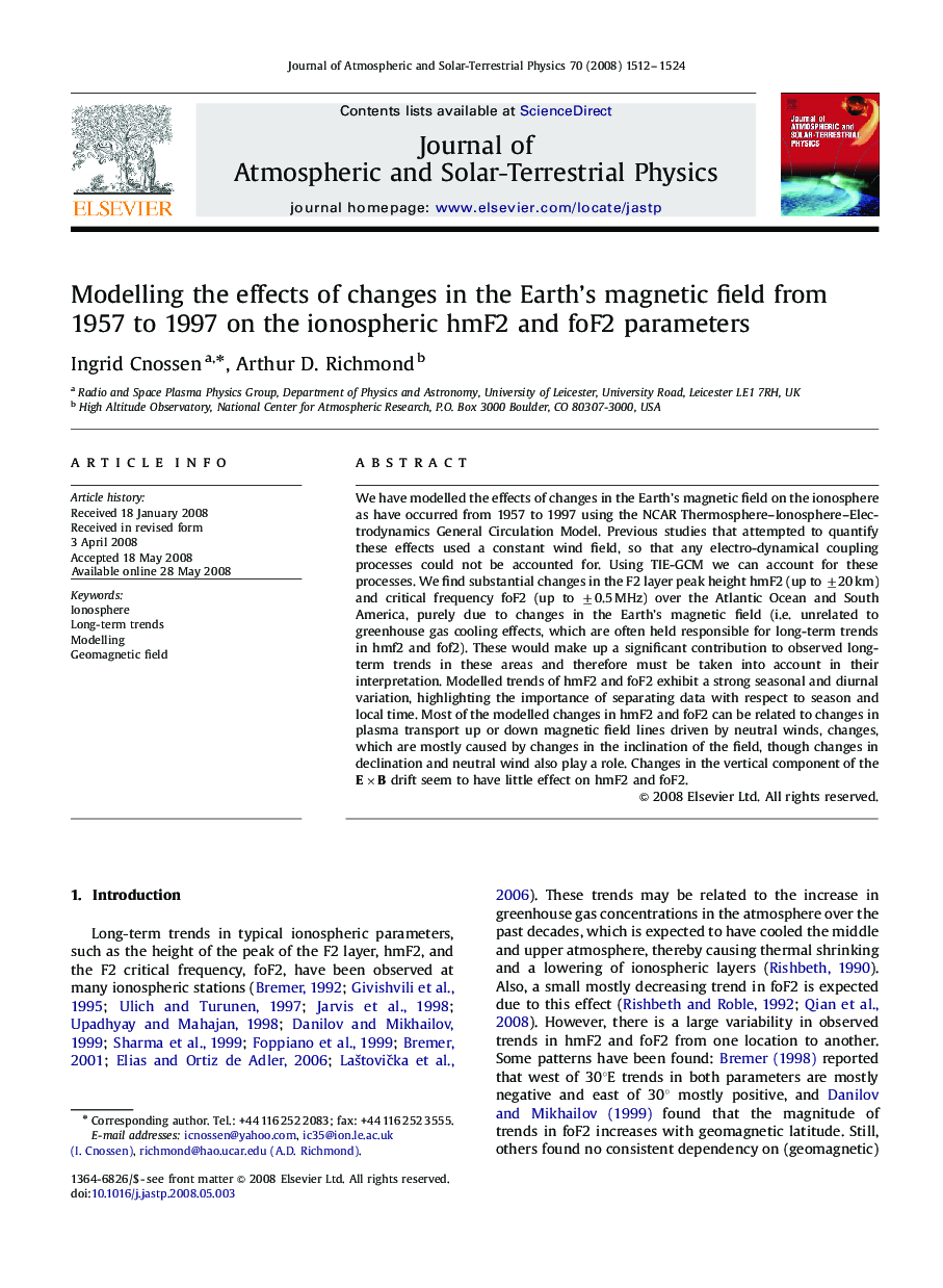 Modelling the effects of changes in the Earth's magnetic field from 1957 to 1997 on the ionospheric hmF2 and foF2 parameters