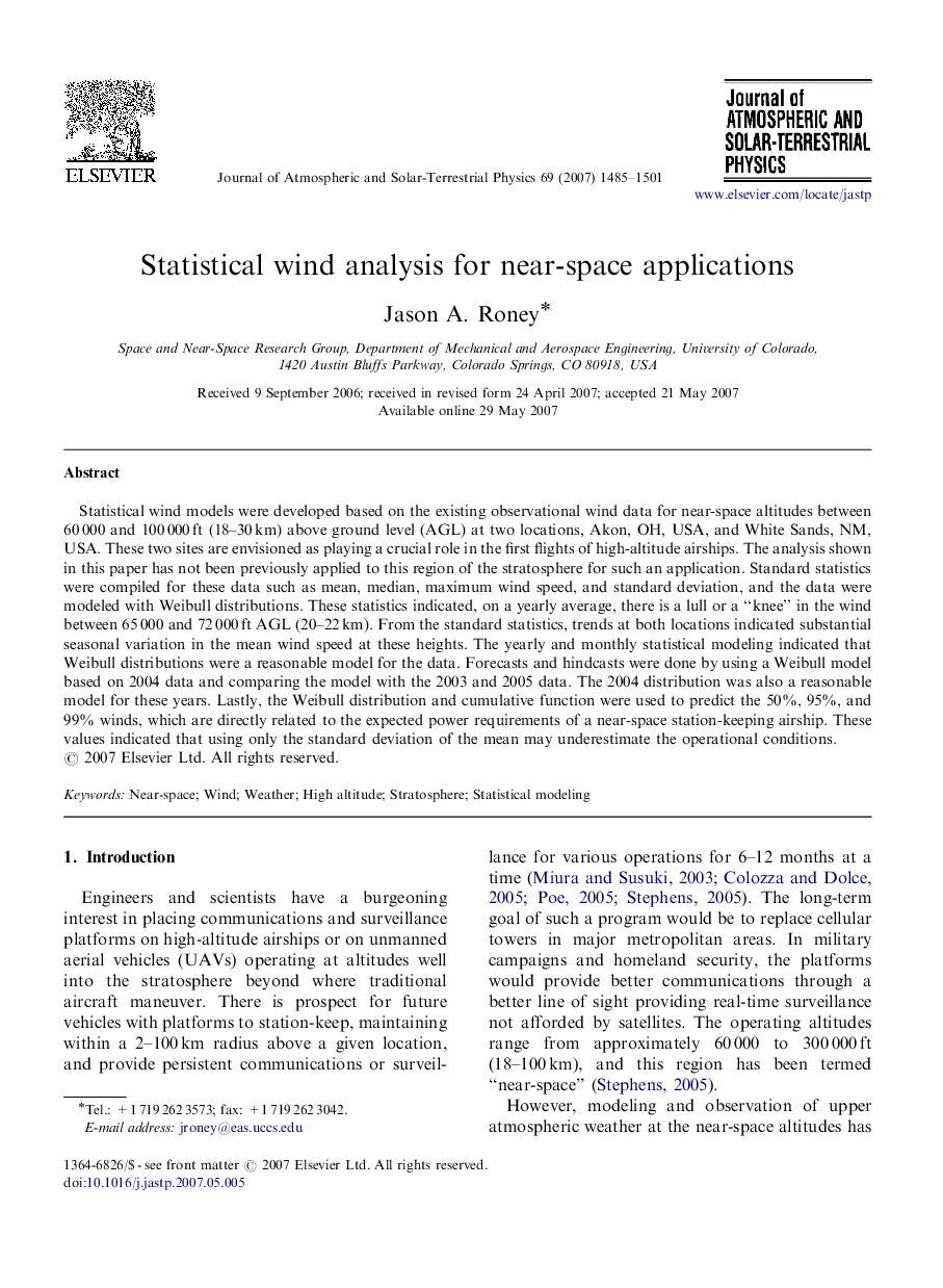 Statistical wind analysis for near-space applications