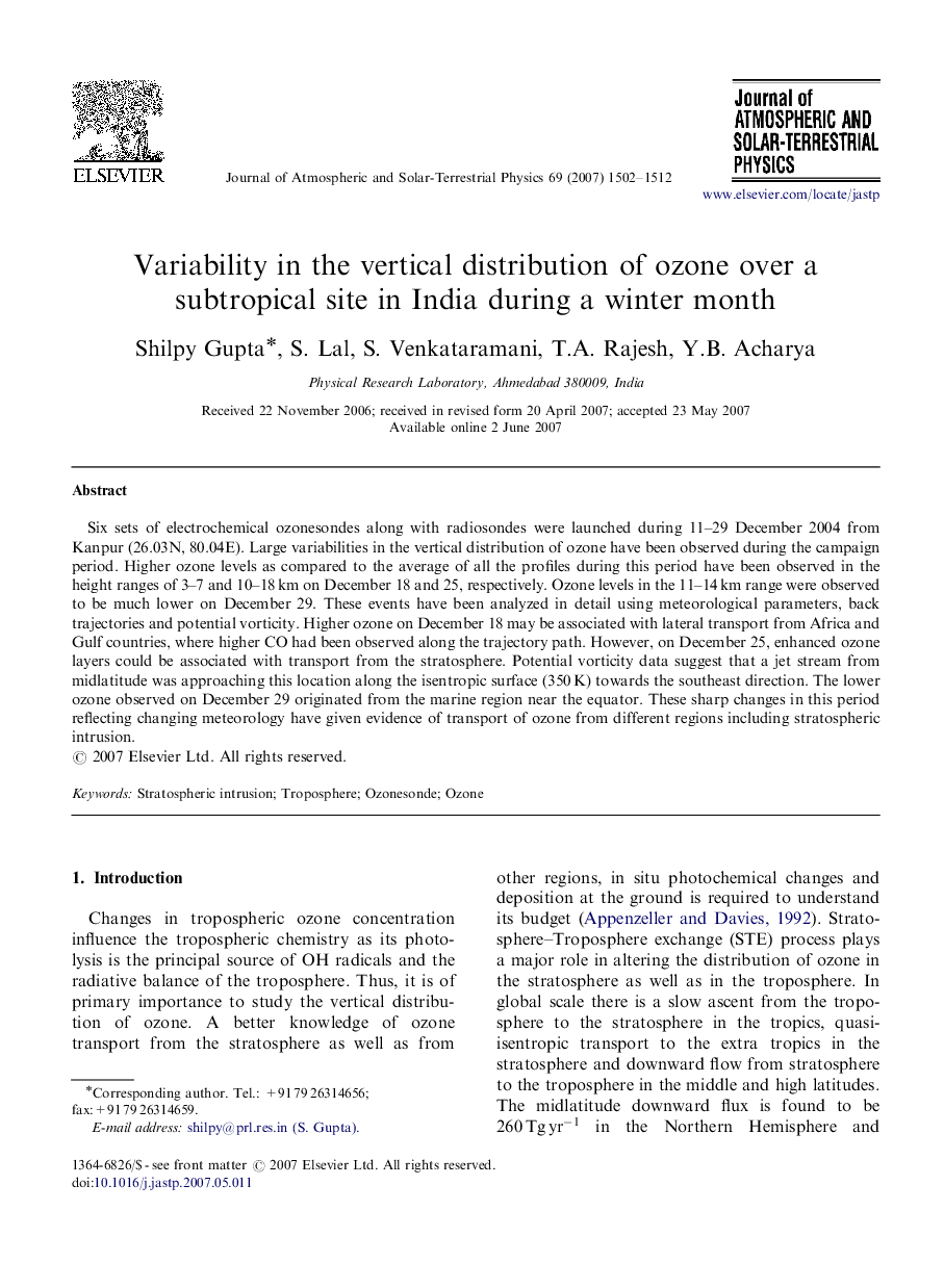 Variability in the vertical distribution of ozone over a subtropical site in India during a winter month