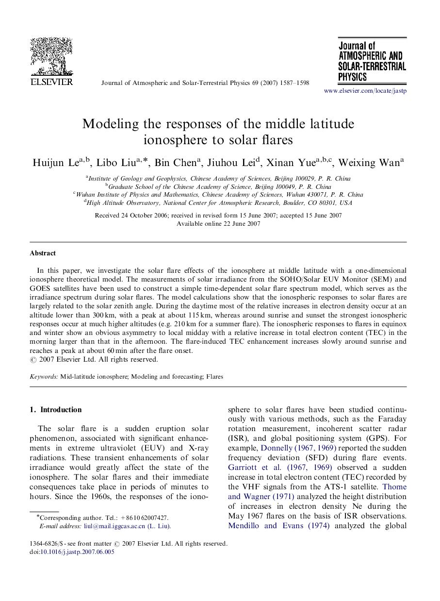 Modeling the responses of the middle latitude ionosphere to solar flares