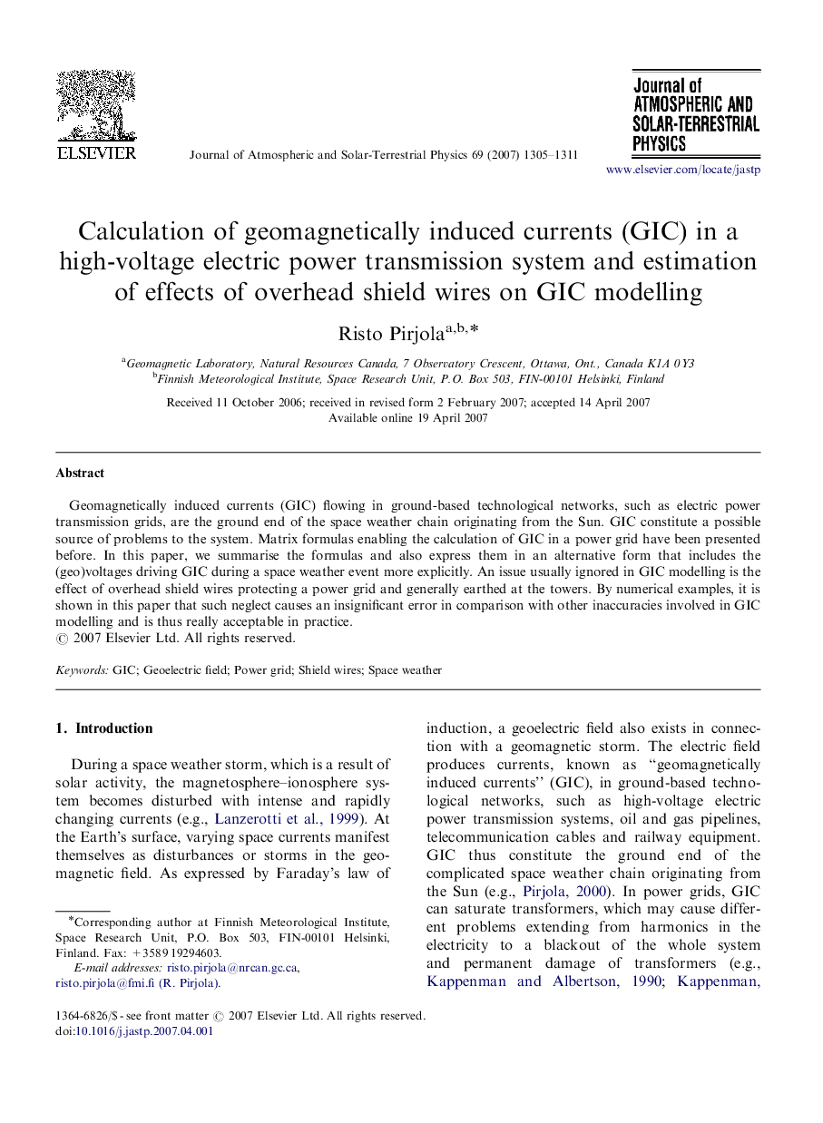 Calculation of geomagnetically induced currents (GIC) in a high-voltage electric power transmission system and estimation of effects of overhead shield wires on GIC modelling