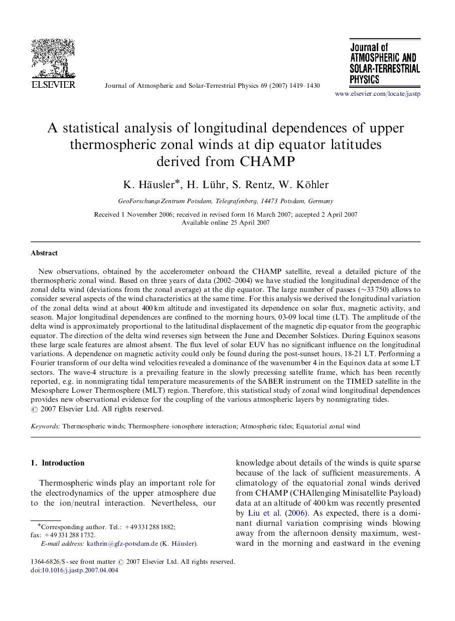 A statistical analysis of longitudinal dependences of upper thermospheric zonal winds at dip equator latitudes derived from CHAMP