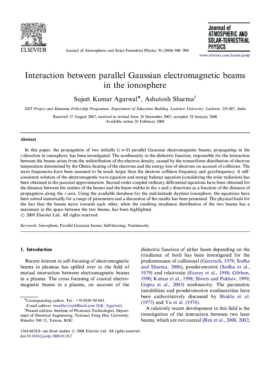 عکس صفحه اول مقاله: Interaction between parallel Gaussian electromagnetic beams in the ionosphere Interaction between parallel Gaussian electromagnetic beams in the ionosphere