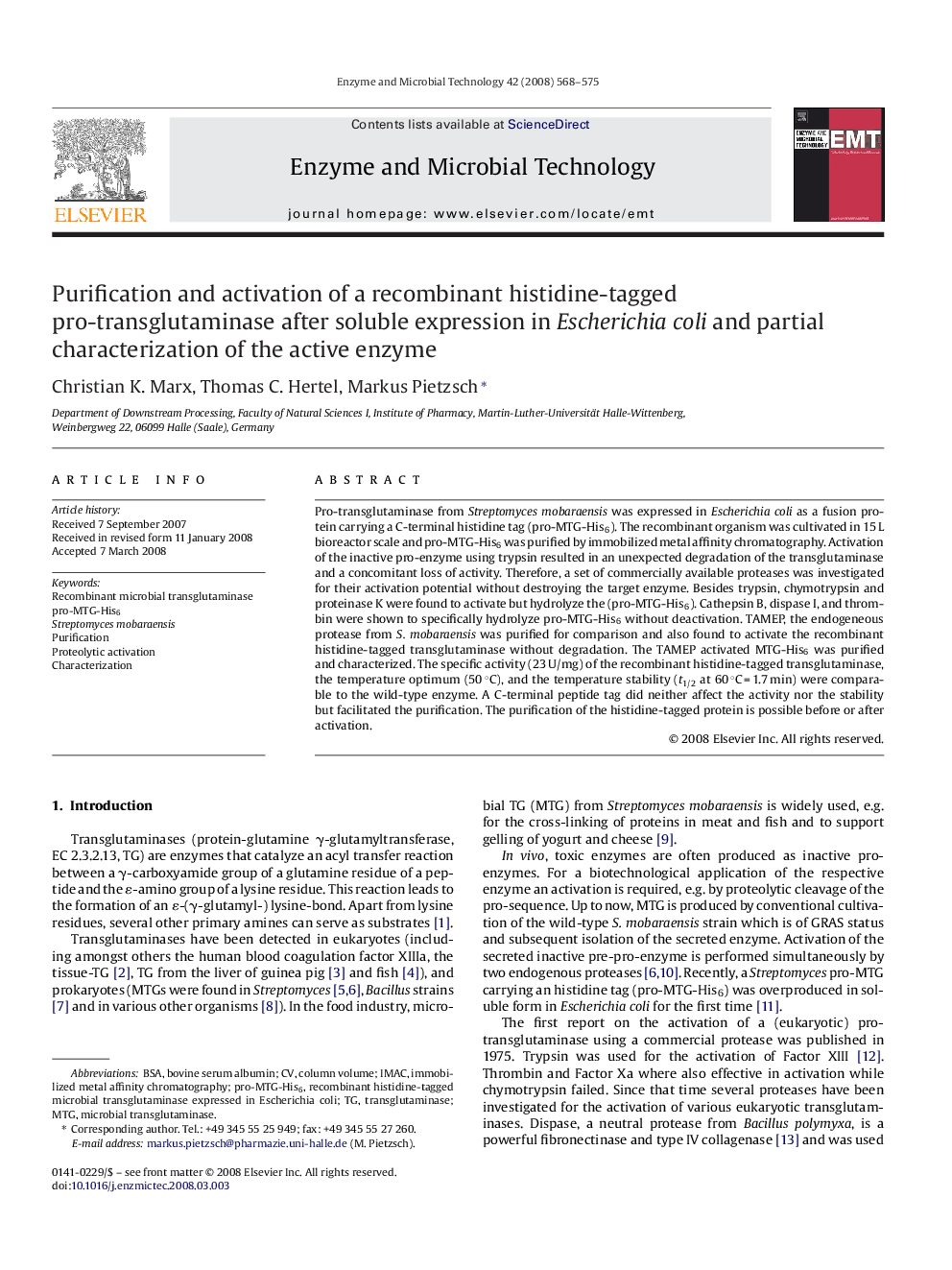 Purification and activation of a recombinant histidine-tagged pro-transglutaminase after soluble expression in Escherichia coli and partial characterization of the active enzyme