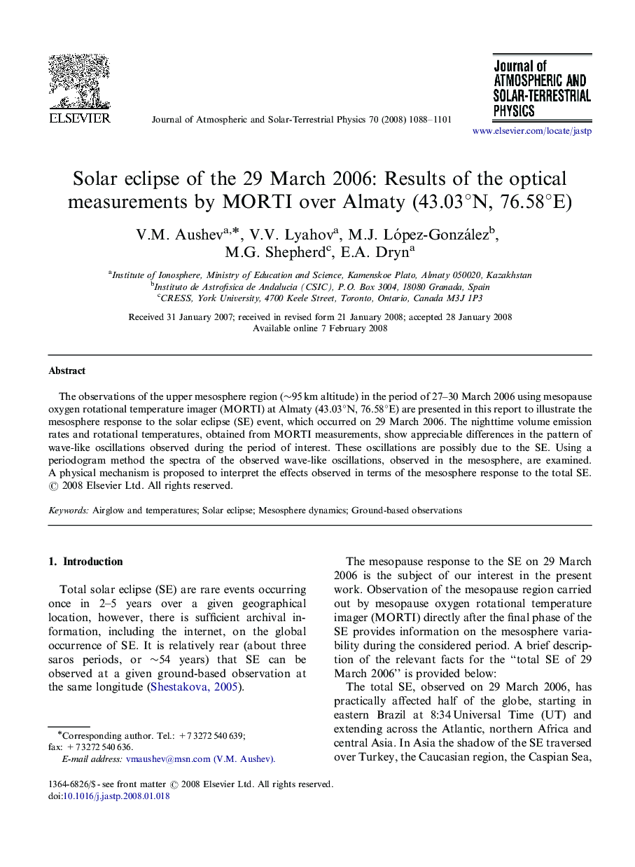 Solar eclipse of the 29 March 2006: Results of the optical measurements by MORTI over Almaty (43.03°N, 76.58°E)