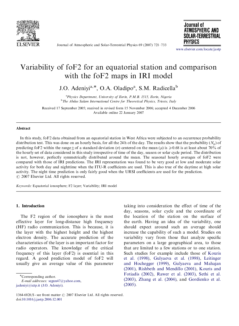 Variability of foF2 for an equatorial station and comparison with the foF2 maps in IRI model