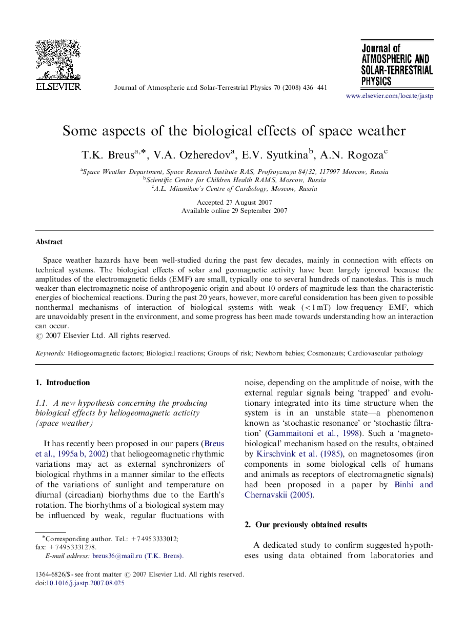 Some aspects of the biological effects of space weather