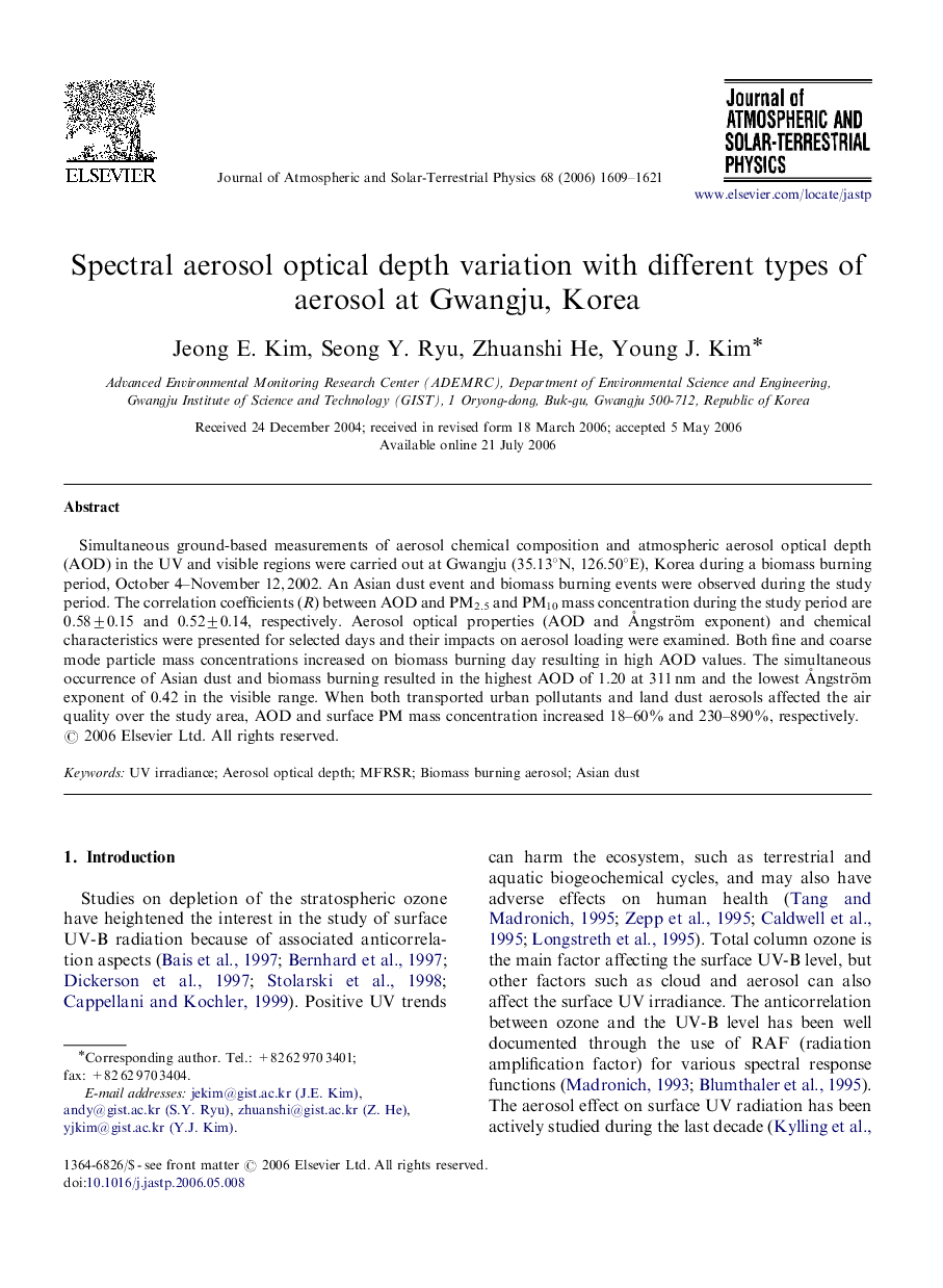 Spectral aerosol optical depth variation with different types of aerosol at Gwangju, Korea