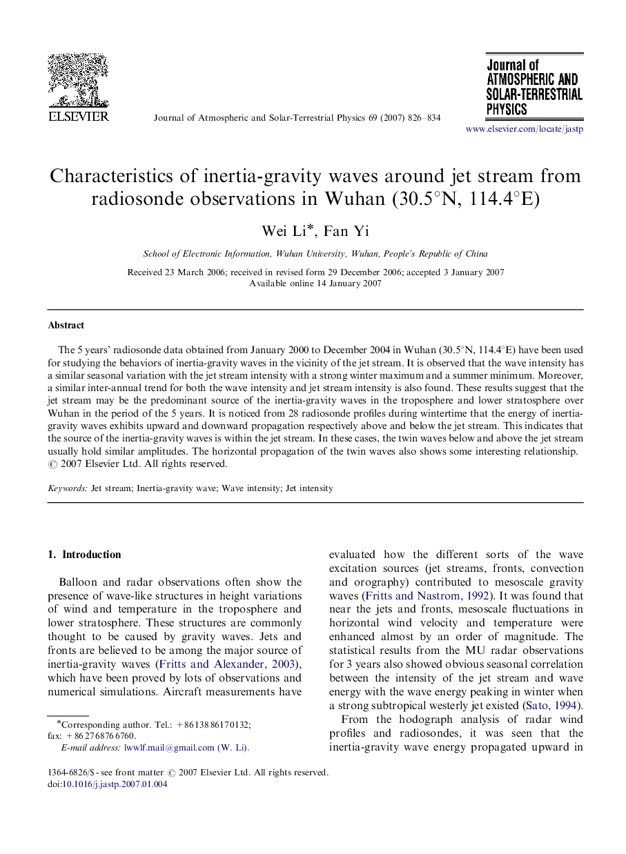 Characteristics of inertia-gravity waves around jet stream from radiosonde observations in Wuhan (30.5°N, 114.4°E)