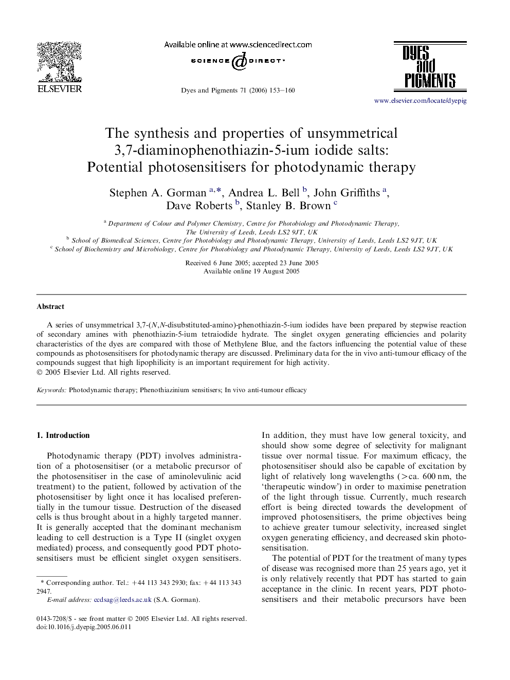 The synthesis and properties of unsymmetrical 3,7-diaminophenothiazin-5-ium iodide salts: Potential photosensitisers for photodynamic therapy