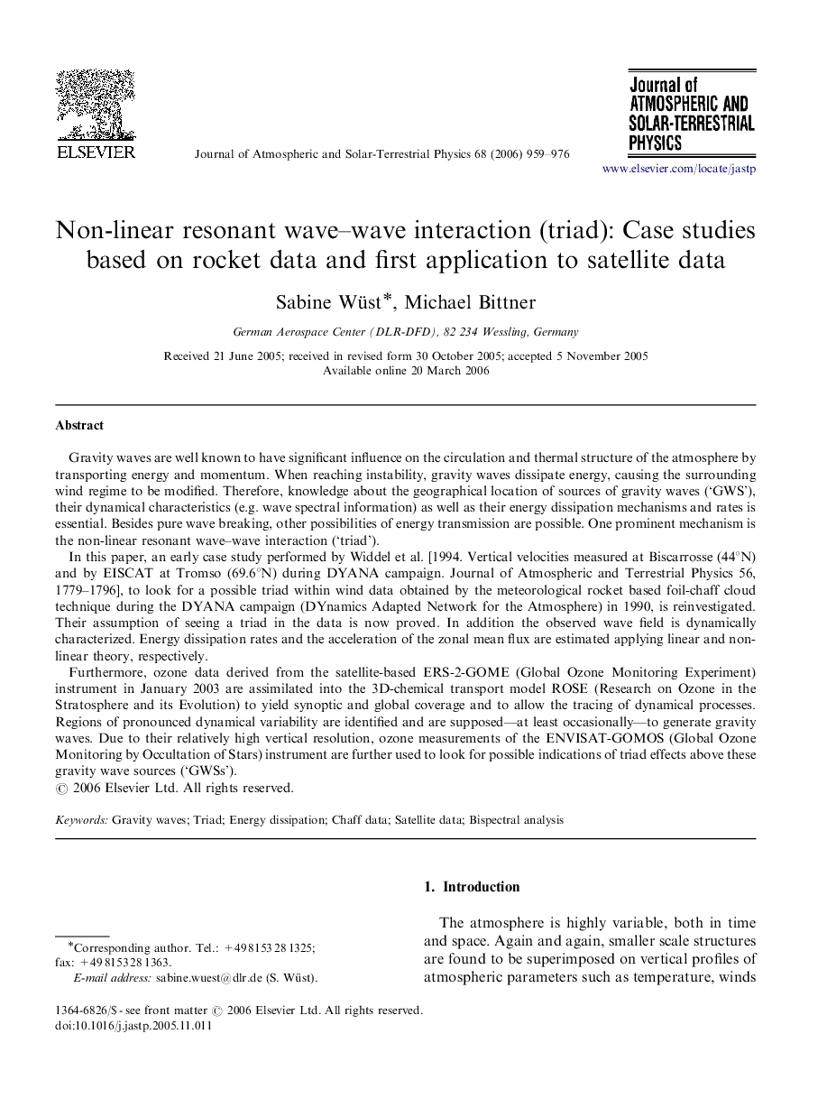 عکس صفحه اول مقاله: Non-linear resonant wave–wave interaction (triad): Case studies based on rocket data and first application to satellite data Non-linear resonant wave–wave interaction (triad): Case studies based on rocket data and first application to satellite data
