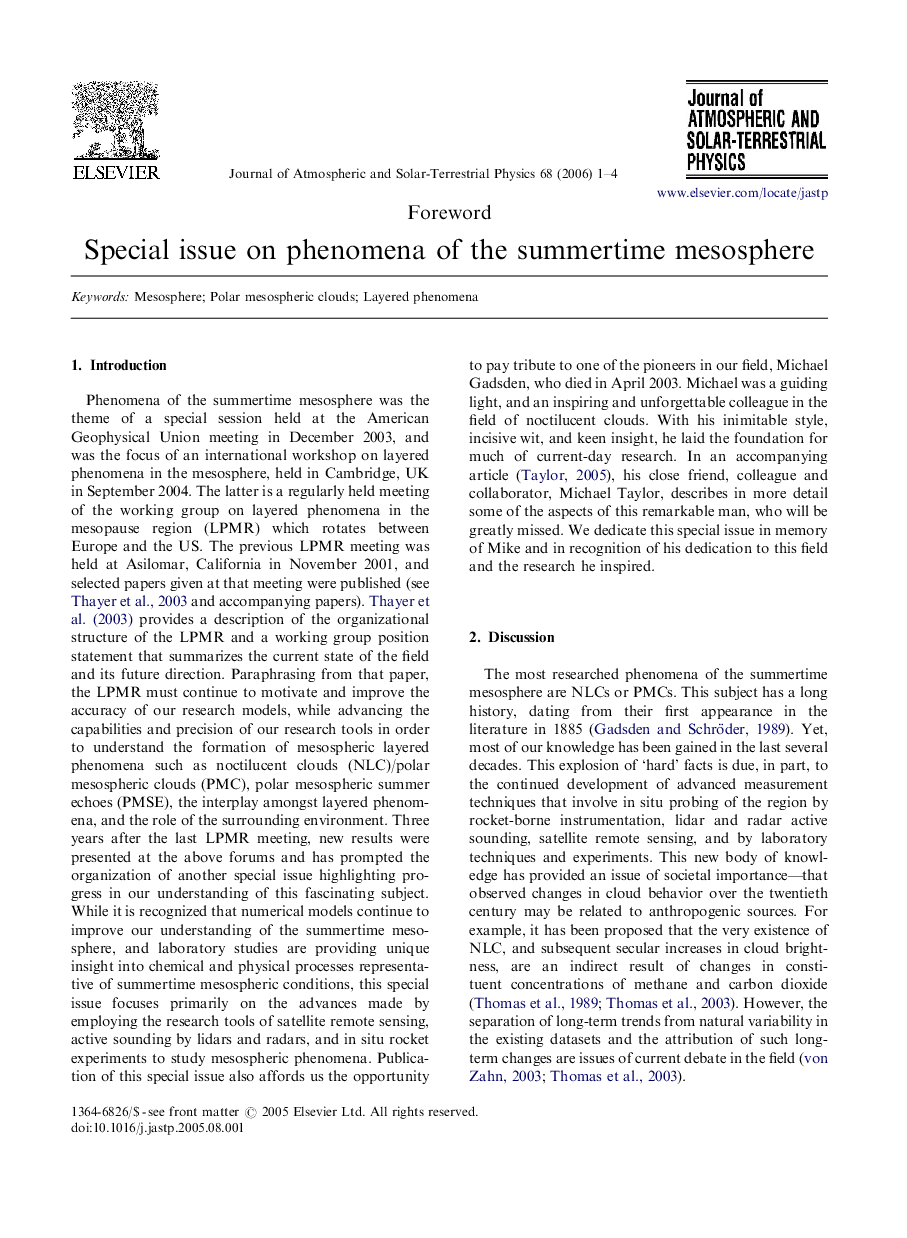 Special issue on phenomena of the summertime mesosphere