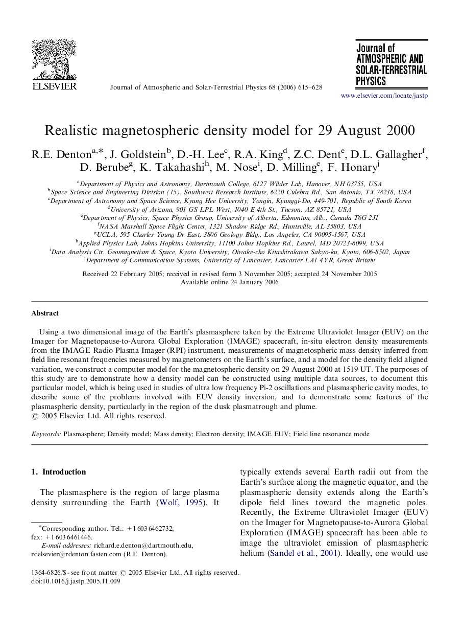 Realistic magnetospheric density model for 29 August 2000