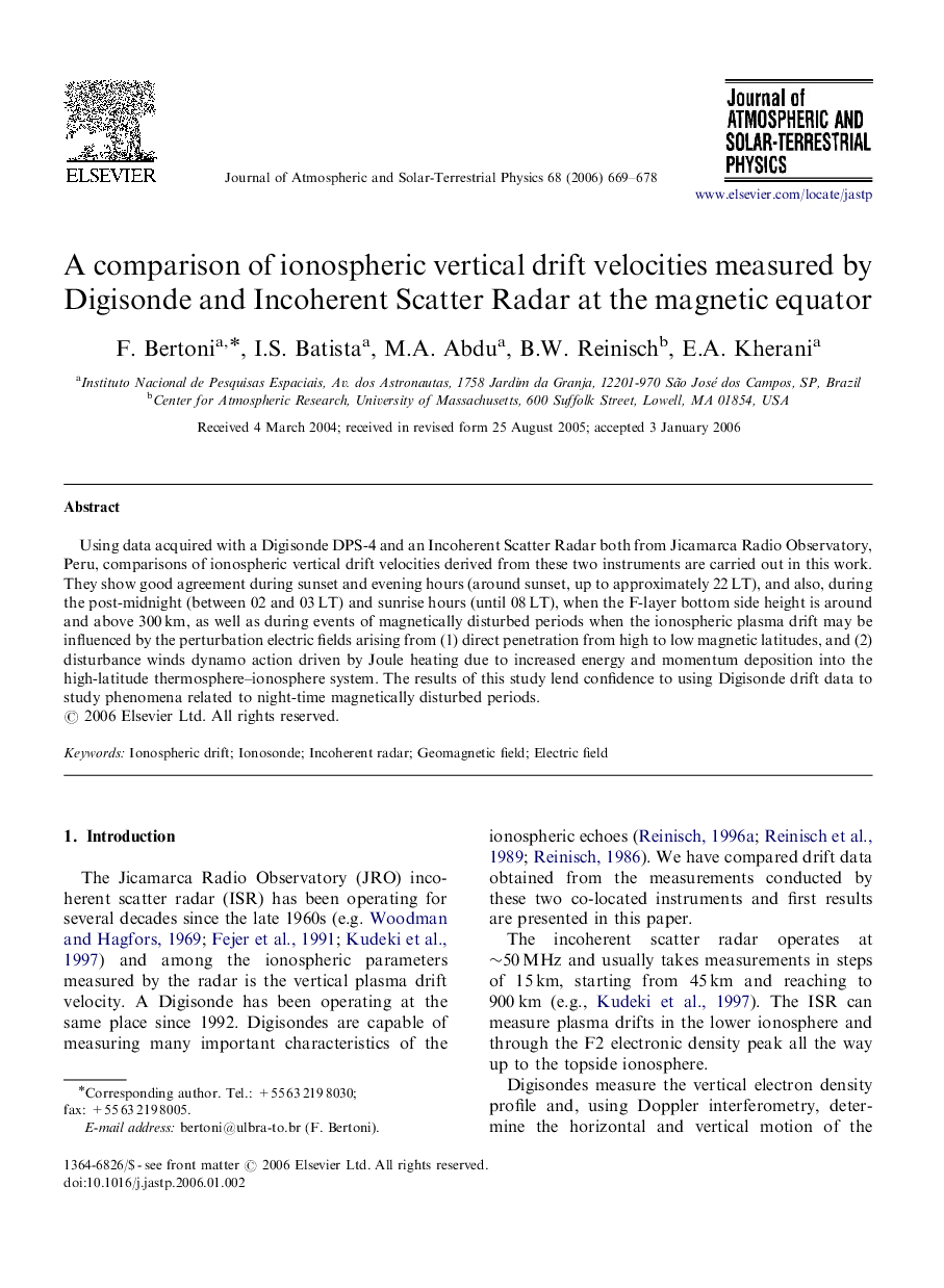 A comparison of ionospheric vertical drift velocities measured by Digisonde and Incoherent Scatter Radar at the magnetic equator