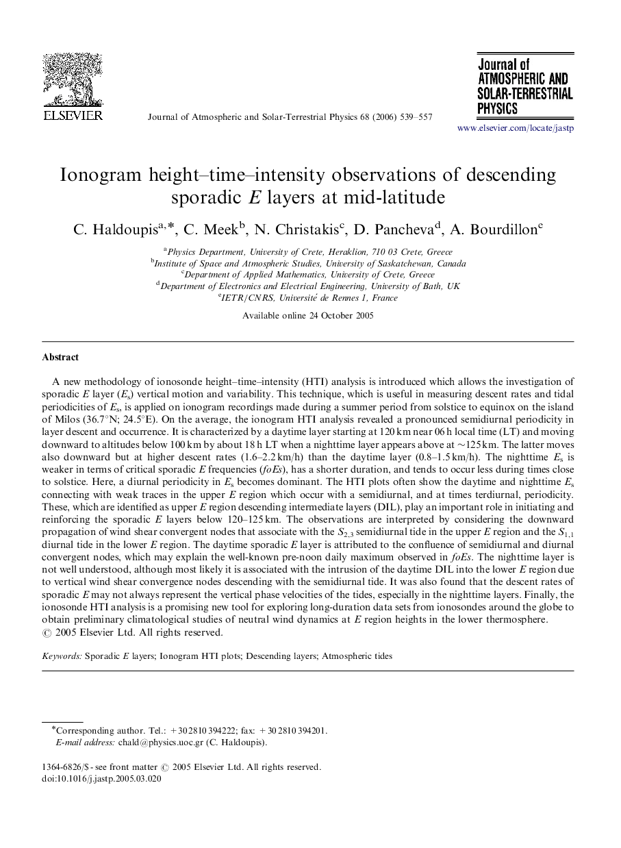 Ionogram height–time–intensity observations of descending sporadic E layers at mid-latitude