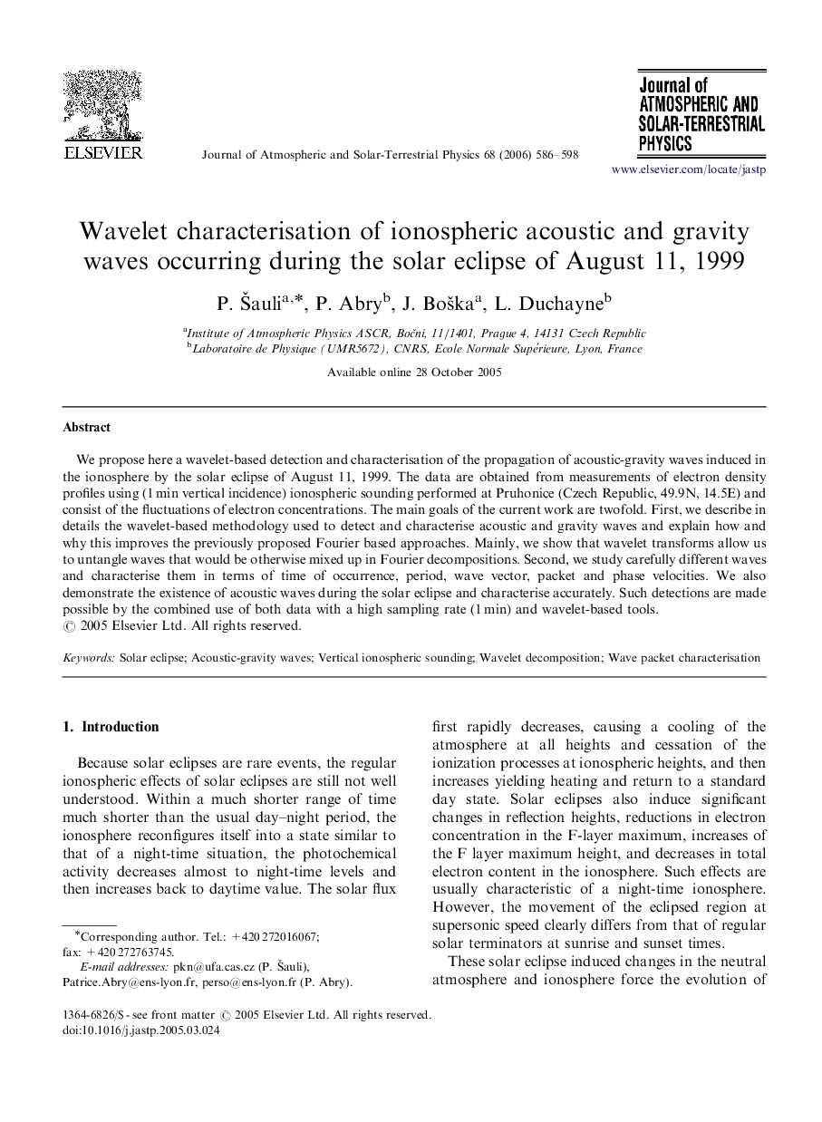 Wavelet characterisation of ionospheric acoustic and gravity waves occurring during the solar eclipse of August 11, 1999