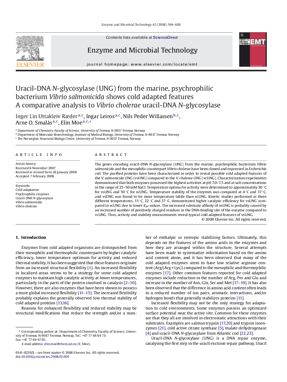 Uracil-DNA N-glycosylase (UNG) from the marine, psychrophilic bacterium Vibrio salmonicida shows cold adapted features: A comparative analysis to Vibrio cholerae uracil-DNA N-glycosylase